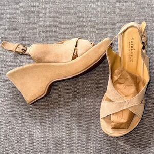 Sundance Suede Wedge Sandals Tan‎ Slingback Italian Made Women Size 38